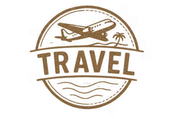 Travel stamp concept with airplane, palm tree, and waves