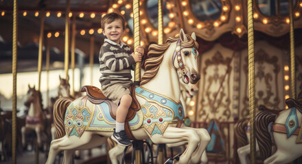 Smiling Boy Riding a Carousel Horse with Nostalgic Atmosphere