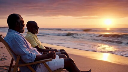 Two senior African American men relaxing on beach chairs at sunset, enjoying the ocean view and a drink, embodying a peaceful retirement lifestyle.