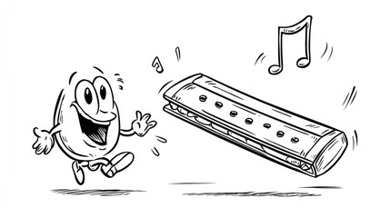 Cartoon character enjoys music, playing with a harmonica and musical notes