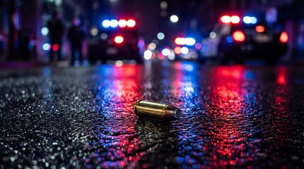 Bullet casing on wet pavement with blurry police lights at night