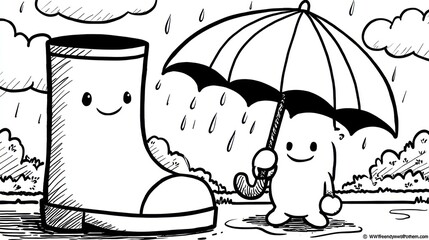 A cartoon creature shelters under an umbrella, next to a smiling boot, during a light rain