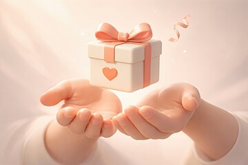 Enigmatic gift box gracefully levitating above gentle hands radiating warmth and love embodying the spirit of giving, encapsulating joy and surprise in a serene atmosphere
