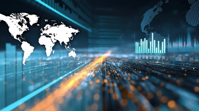 Global Data Visualization: An abstract illustration portraying interconnected global data analysis, featuring world map, chart and network lines.