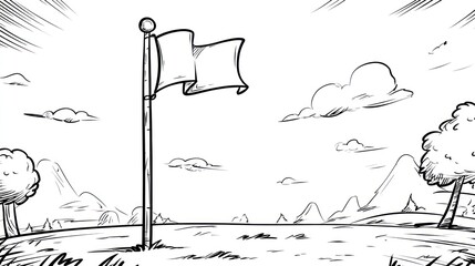 A black and white cartoon drawing depicts a flagpole with two blank flags in an outdoor scenery