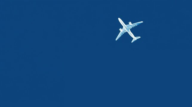 A white airplane flies diagonally from top left to bottom right with landing gear extended against a solid blue backdrop