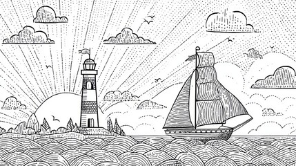 A black and white illustration of a seascape featuring a sailboat, lighthouse, sun, and clouds