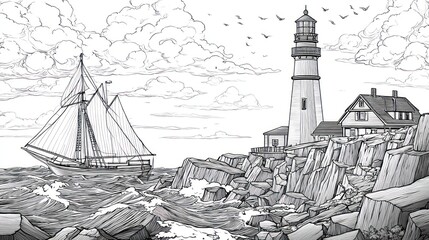 Black and white illustration of a lighthouse, sailboat, ocean, rocks, and puffy clouds
