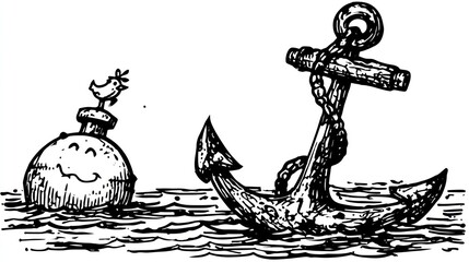Whimsical nautical illustration featuring a bird on a buoy and an anchor in waves