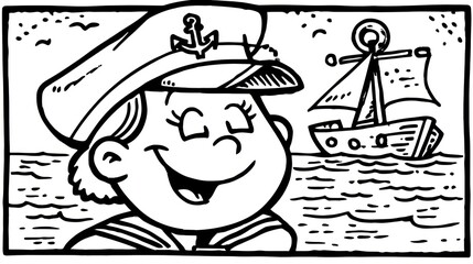 Cartoon sailor with closed eyes smiles. A small sailboat sails on the water in the background