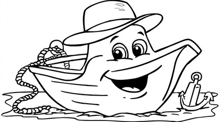 Cartoon boat smiling, wearing a hat, with rope and an anchor