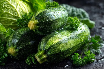 Fresh vibrant green zucchinis piled on a dark slate background accompanied by lush parsley and cabbage with water droplets on the skin.