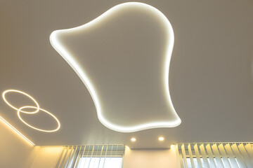 Futuristic ceiling design with a decorative organic-shaped light niche, complemented by ring lights and a hidden cornice for vertical blinds. © fototema