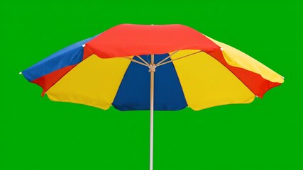 A vibrant, open beach umbrella featuring bright red, yellow, and blue panels is isolated on a studio green screen background for easy compositing.