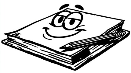 A smiling book with animated face and a pencil lying on top of its pages