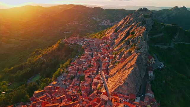 Aerial View of Castelmezzano Village at sunset in Basilicata Italy