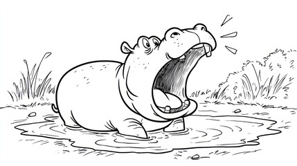 A cartoon hippo, mouth open wide, stands in water, with simple line art