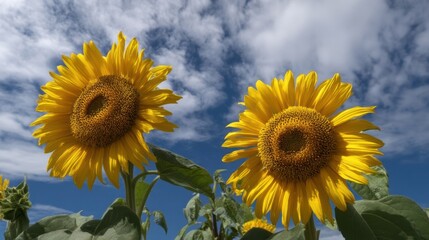 Two vibrant yellow sunflowers stand tall against a blue sky with scattered white clouds,