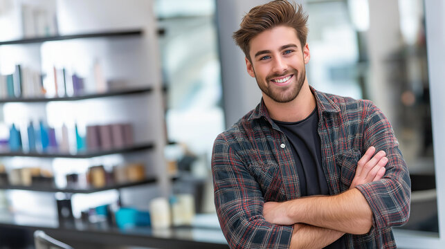Portrait barber in salon with confidence smile, cosmetology career pride, male hairdresser, job development, beauty parlor cosmetics professional, with copy space
