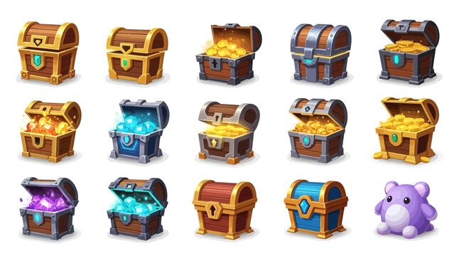 Collection of fantasy treasure chests filled with gold and jewels.