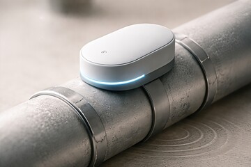 Innovative smart home sensor on a metal pipe providing real time water monitoring and leakage detection in a minimalist design promoting efficiency and sustainability