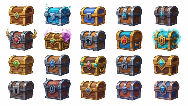 Collection of fantasy treasure chests with various designs and colors.