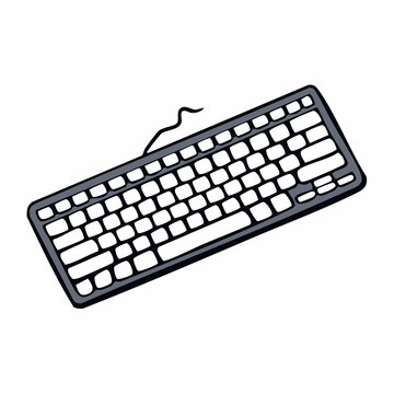 A black computer keyboard with a wire is shown from a top-down perspective on a white background.
