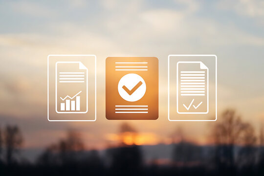 Digital documents with check mark icons floating above a blurred cityscape representing data security - Powered by Adobe