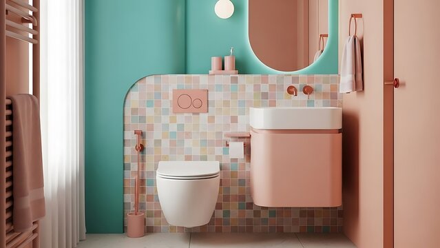small toilet bathroom interior inspired by dopamine decor and bold yet clean color theme using turquoise