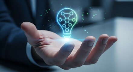 A hand presents a glowing digital lightbulb icon filled with an intricate network of connected nodes, symbolizing innovative ideas and networked intelligence.