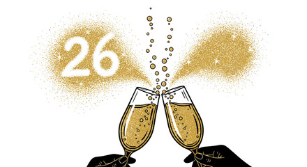 Elegant champagne flutes clink in a vibrant toast, surrounded by shimmering golden confetti and the prominent number twenty-six, ideal for a milestone celebration.