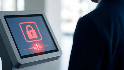 Modern security system access control with biometric scan and digital lock displayed on a tablet screen
