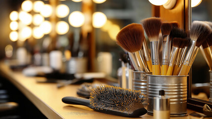 Hair salon brushes arranged on clean counter, mirror reflections, warm lights highlighting, modern styling station, professional tools organization, with copy space