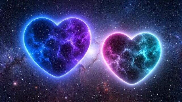 Two glowing neon hearts made of cosmic nebula clouds floating in starry space galaxy