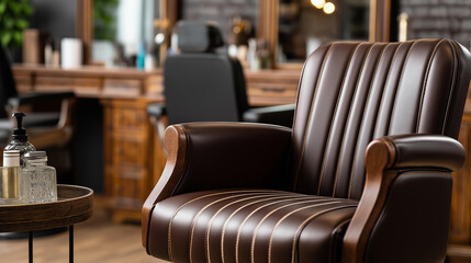 Classic vintage brown leather barber chair, traditional old-fashioned barbershop, stylish male grooming services, haircuts retro aesthetic, with copy space