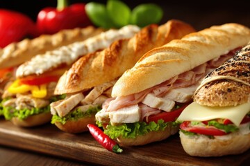 Delicious assorted sandwiches arranged on a wooden board