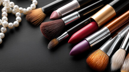 Makeup panorama shot from above dark background, lipstick brushes pearls, cosmetic products, beauty flatlay, professional tools arrangement, with copy space