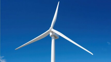 A single white wind turbine stands tall against a clear blue sky,