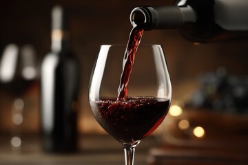 Pouring red wine into a wineglass, close-up shot