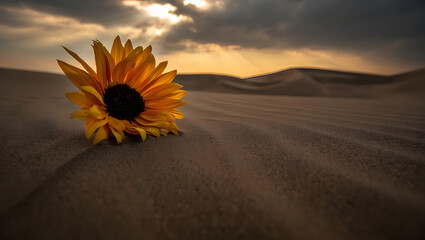 Sunflower on Desert Sand Dunes at Dramatic Sunset