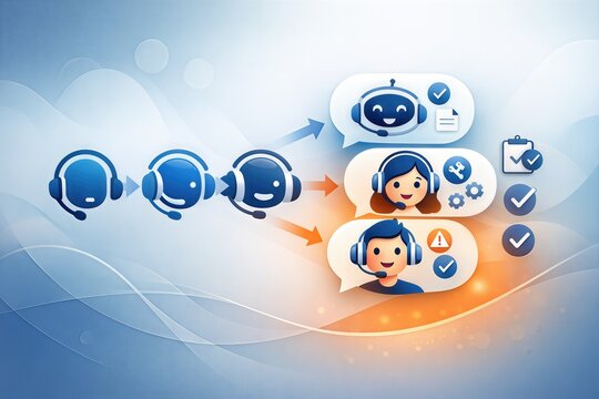 Visual representation of dynamic customer support ecosystem integrating artificial intelligence and human interaction, showcasing communication flow and feedback mechanisms in a seamless digital