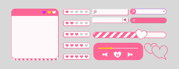 Romantic heart themed UI UX element set for website and mobile app, pink love search bars and music player vector illustration
