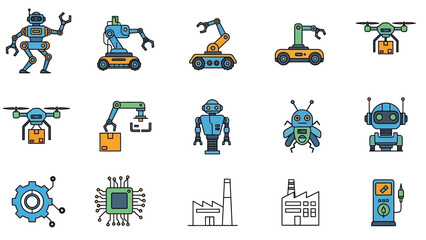Fototapeta premium Collection of futuristic robots and industrial technology icons.