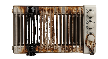 Broken electric space heater with clear damage and buildup showing its non-functioning state on transparent background