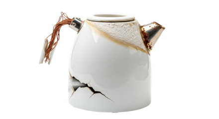 Rusty electric kettle with cracks placed on a transparent background ready for a simple kitchen setting