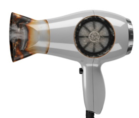 Melted hair dryer sits alone on a transparent background showing heat damage and wear from excessive use and high temperature
