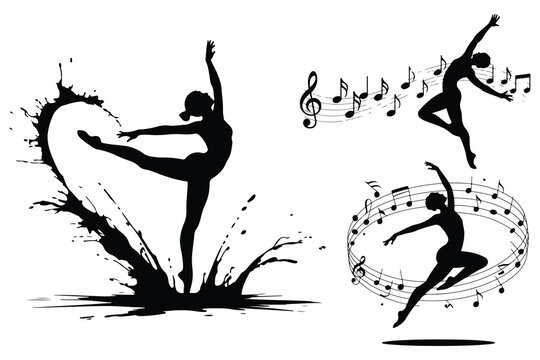 Silhouettes of dancers with musical notes and heart shape