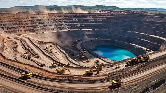 Massive Open Pit Mine with Heavy Machinery and Blue Water.