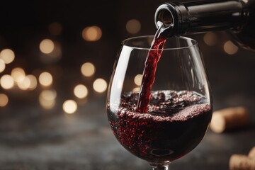 Pouring red wine into a glass with bokeh lights in background