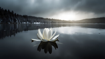 Serene White Water Lily on Dark Moody Lake